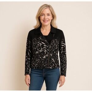 Chicos Animal Print Jacquard Cotton Knit Full Zip‎ Moto Jacket Size 2/Large/12